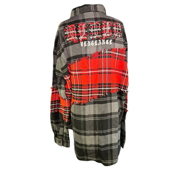 Rebel Vengeance Mens Plaid Patchwork Shirt Jacket XL 100% Cotton Red & Black - Picture 4 of 14